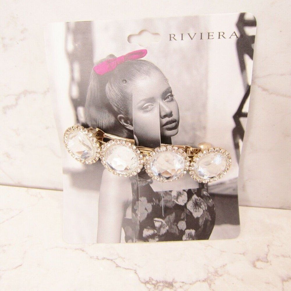 Riviera Rhinestone and Gold Metal Barrette New!